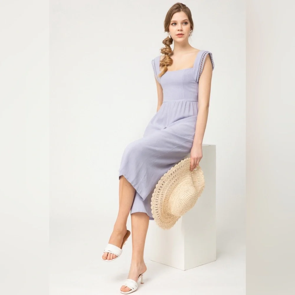 Entro | Layla Solid Smocked Cropped Jumpsuit Crochet Lilac Linen Purple Large - Picture 7 of 13